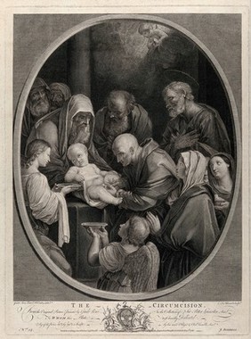 The circumcision of Christ by a bald mohel. Etching by F.G. Aliamet, 1765, after G. Reni.