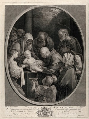 view The circumcision of Christ by a bald mohel. Etching by F.G. Aliamet, 1765, after G. Reni.