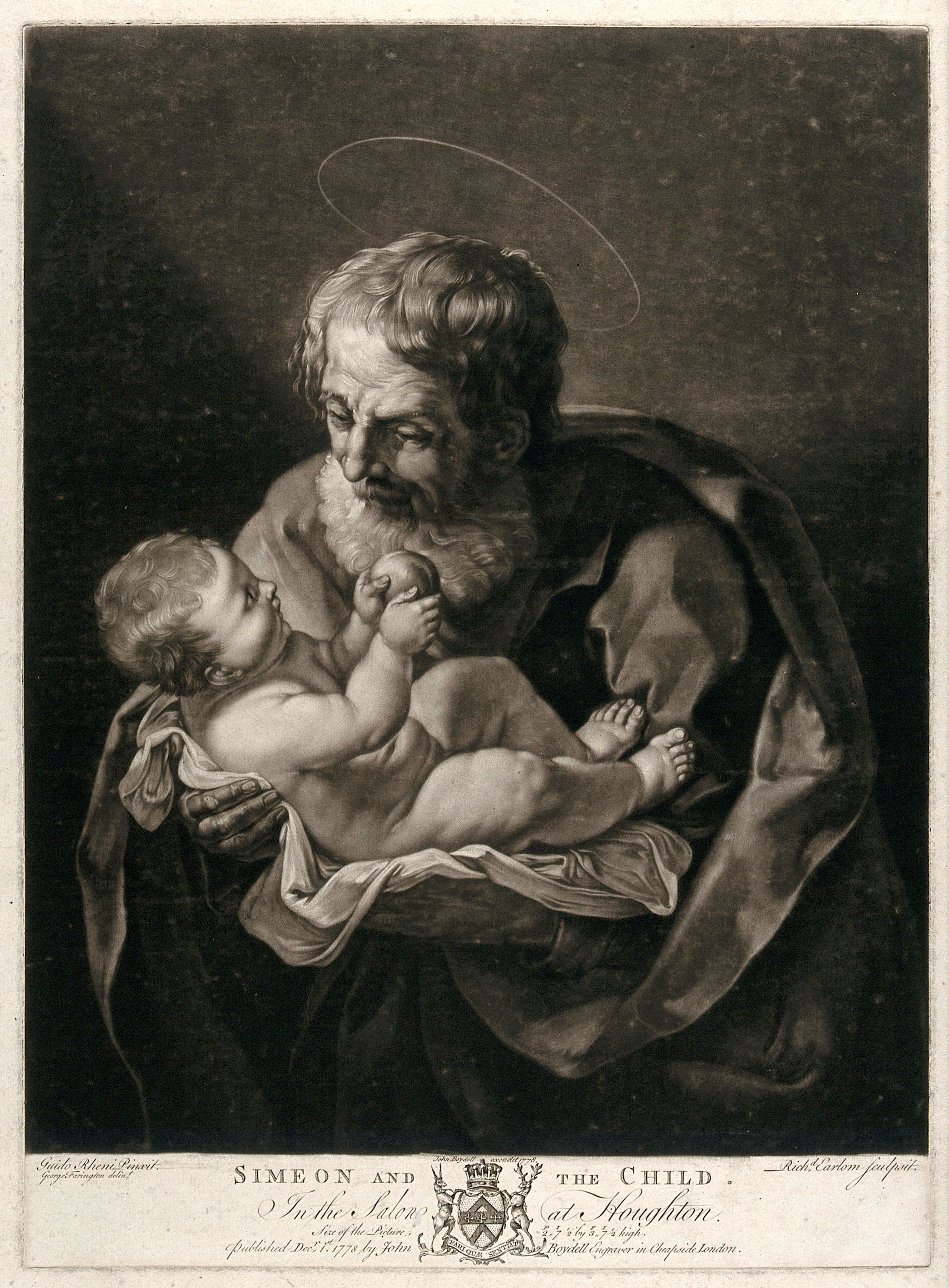 Simeon holds the Christ child, who is holding an apple. Mezzotint by R. Earlom, 1778, after G. Farington after G. Reni.
