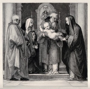 view The presentation of Jesus at the Temple. Etching by W. Unger after F. Bartolommeo.