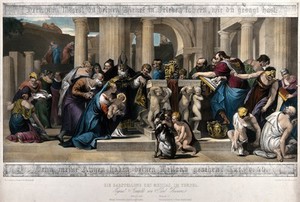 view The presentation of Jesus to the priest of the Temple. Coloured lithograph by F.S. Hanfstaengl after P. Caliari, il Veronese.