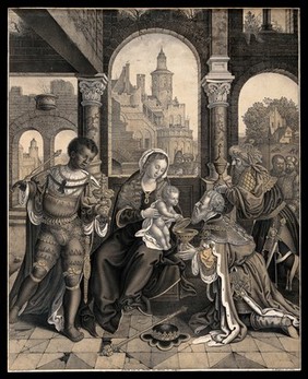 The three Magi offer gifts to the infant Christ, who sits on the Virgin's lap. Tinted lithograph by I. Bergman, 1822, after J.C. Schwarz.