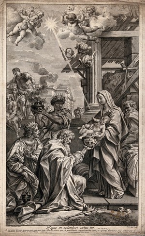 view The three kings bring offerings to the infant Jesus. Engraving by N. Dorigny after C. Maratta.