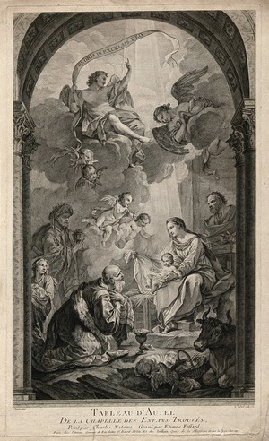 view The adoration of the magi: a king kneels before the infant Jesus, seated on Mary's lap. Engraving by E. Fessard after C.J. Natoire.