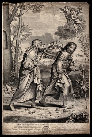 view Mary and Joseph walk to Egypt with the infant Jesus. Engraving by N. Pitau, 1666, after S. François.