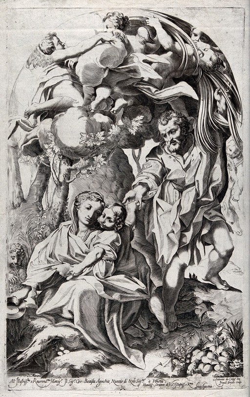 While the holy family rest on the way to Egypt, Joseph bends over a palm tree to provide them with dates. Engraving by F. Brivio after A. Allegri, il Correggio.