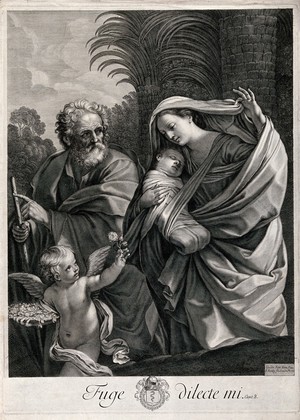 view The holy family prepare to flee for Egypt. Engraving by F. Poilly after G. Reni.