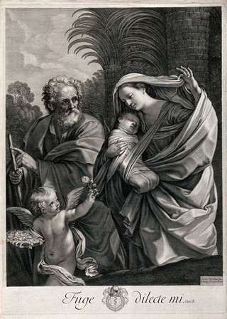 The holy family prepare to flee for Egypt. Engraving by F. Poilly after G. Reni.