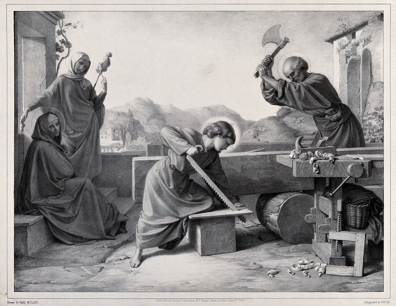 The youthful Christ helps Joseph with his carpentry; Mary and Anne look on. Lithograph by A. Dircks, 1849, after C. Müller., 1 June 1849, by Karl Müller