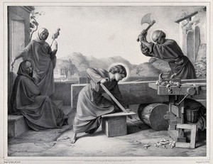 view The youthful Christ helps Joseph with his carpentry; Mary and Anne look on. Lithograph by A. Dircks, 1849, after C. Müller.