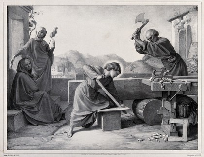 The youthful Christ helps Joseph with his carpentry; Mary and Anne look on. Lithograph by A. Dircks, 1849, after C. Müller.