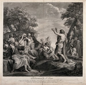 view John the Baptist preaches in the wilderness. Etching by C. Dupuis after C. Maratta.