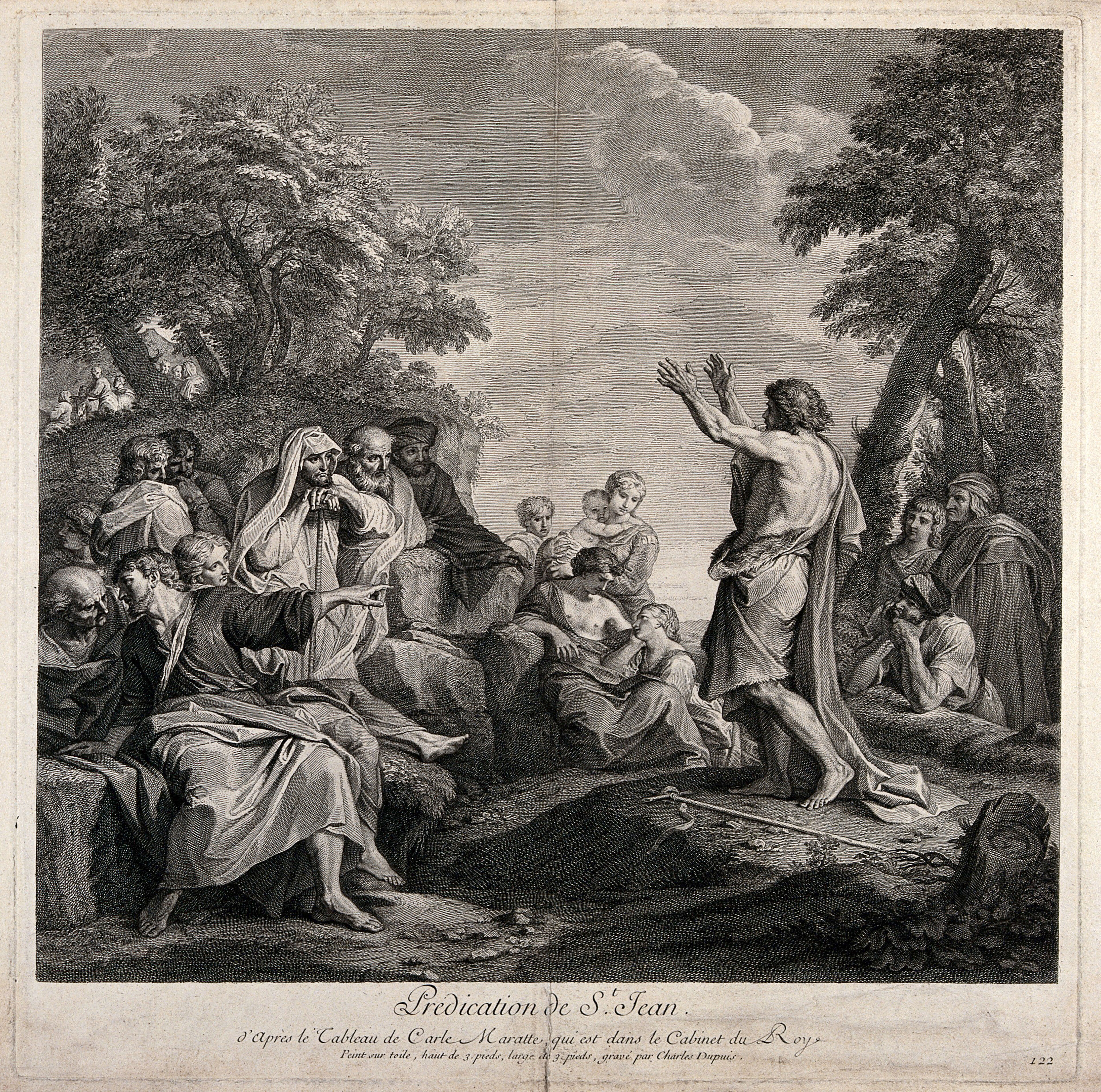 John the Baptist preaches in the wilderness. Etching by C. Dupuis after C. Maratta.