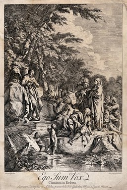 John the Baptist preaches in the wilderness. Etching by J. Goupy after S. Rosa.
