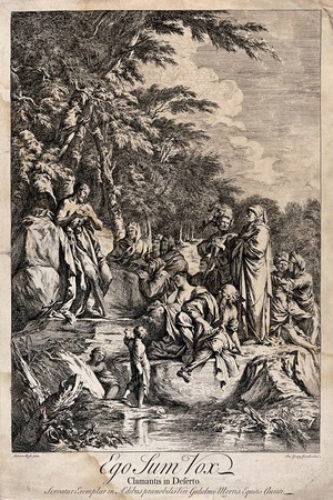 view John the Baptist preaches in the wilderness. Etching by J. Goupy after S. Rosa.