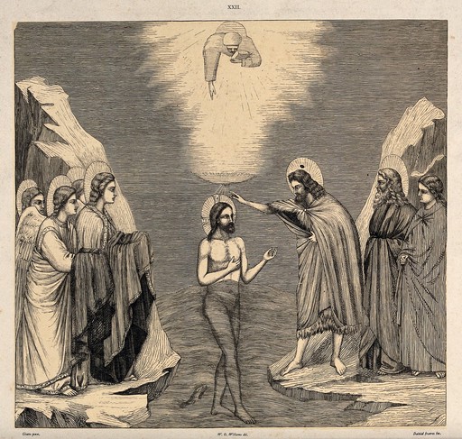 John baptises Christ; an angel with a book descends from above. Wood engraving by the Dalziel brothers, 1854, after W.O. Williams after Giotto.
