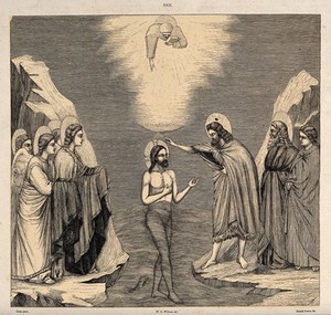 view Saint John the Baptist baptises Christ; an angel with a book descends from above. Wood engraving by the Dalziel brothers, 1854, after W.O. Williams after Giotto.