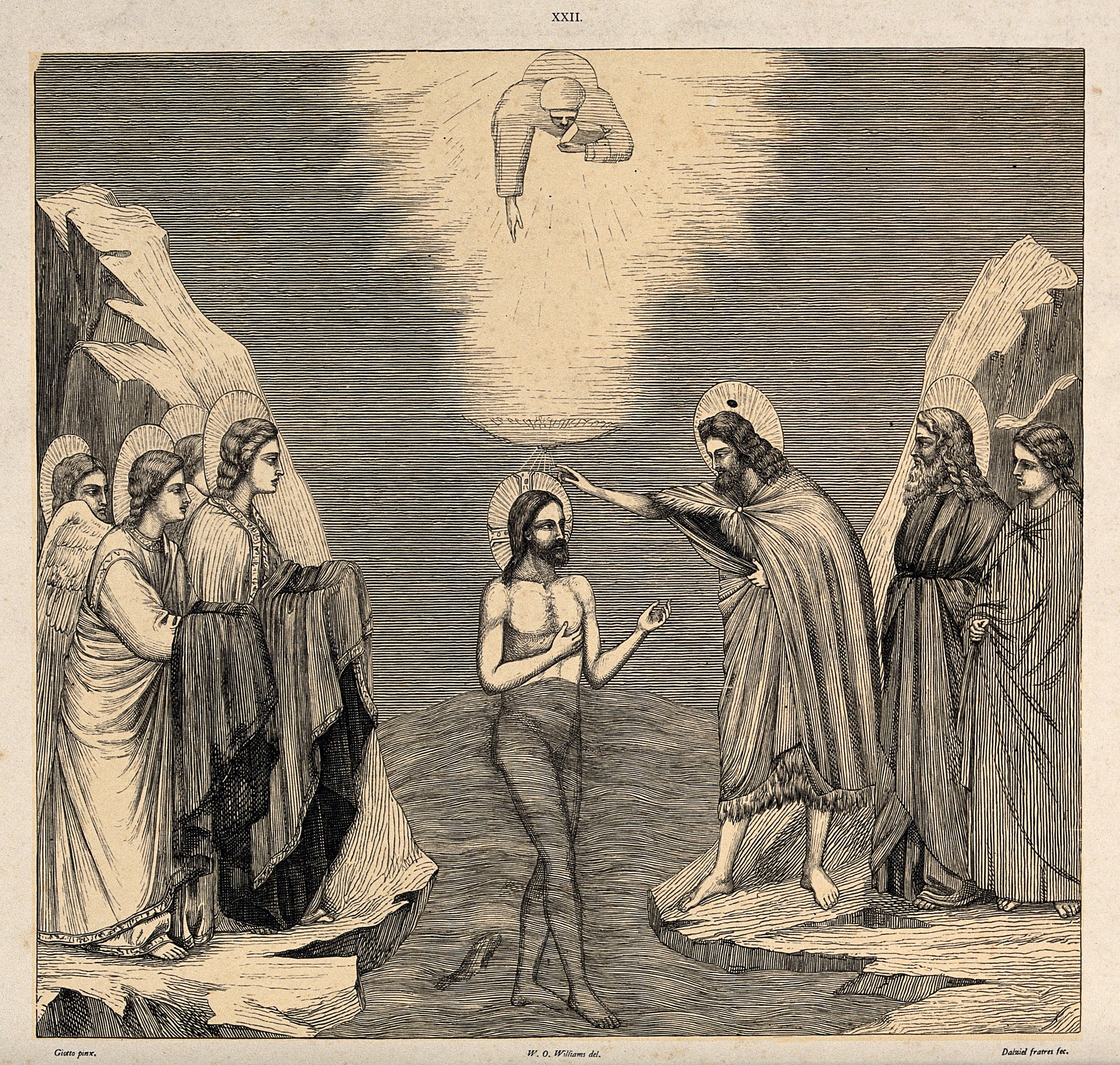 Saint John the Baptist baptises Christ; an angel with a book descends from above. Wood engraving by the Dalziel brothers, 1854, after W.O. Williams after Giotto.