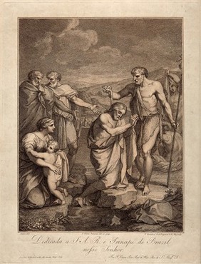 John baptises Christ. Etching by F. Bartolozzi, 1799, after F. Vieira after E. Le Sueur.