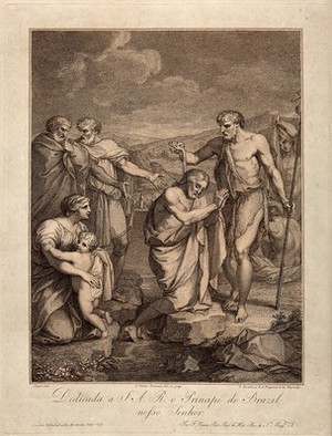 view John baptises Christ. Etching by F. Bartolozzi, 1799, after F. Vieira after E. Le Sueur.