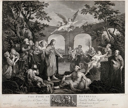 Christ cures the paralytic at the therapeutic pool of Bethesda. Engraving by S.F. Ravenet and V.M. Picot, 1772, after W. Hogarth.