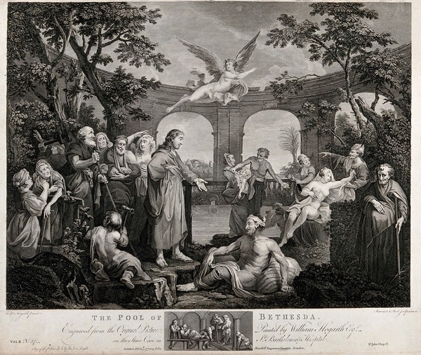 Christ cures the paralytic at the therapeutic pool of Bethesda. Engraving by S.F. Ravenet and V.M. Picot, 1772, after W. Hogarth.