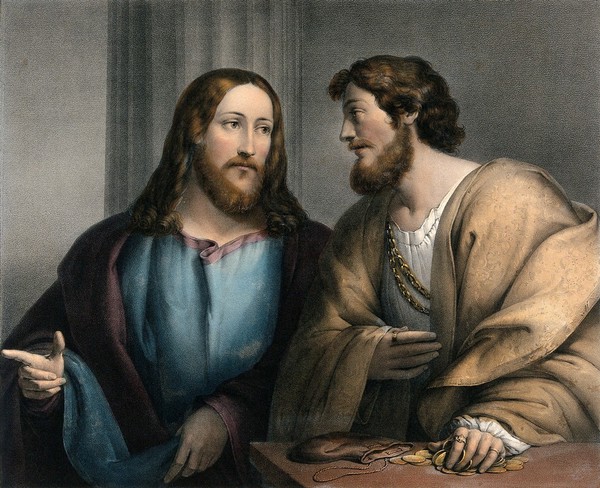 Jesus calls Matthew away from his vocation as a tax collector. Coloured lithograph by F. Hanfstaengl after S. Wiedenbauer after G.A. Pordenone.