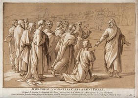 Jesus appoints Peter as head of the church; he tells him "thou art Peter ... And I will give unto thee the keys of the kingdom of heaven". Colour mixed media print by P.P.A. Robert and N. Le Sueur after Raphael.