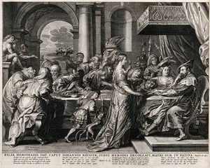 view Salome shows the head of John the Baptist to her parents at the feast. Engraving, 1652, after P.P. Rubens.