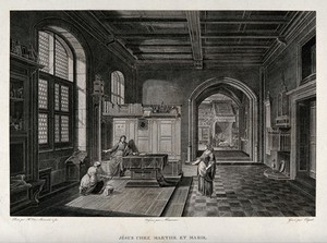 view Jesus sits in the spacious house of Martha and Mary. Etching by J-G. Caquet after Meunier after H. van Steenwyk the younger.