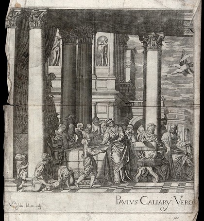 The feast in the house of Simon the Pharisee: on the far right Mary Magdalene washes Christ's feet. Etching by V. Lefebvre after P. Caliari, il Veronese.