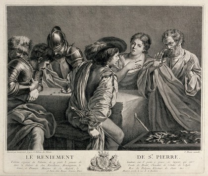 Peter denies knowledge of Christ; men play dice. Engraving by P.F. Basan after M. Österreich after Valentin de Boulogne.
