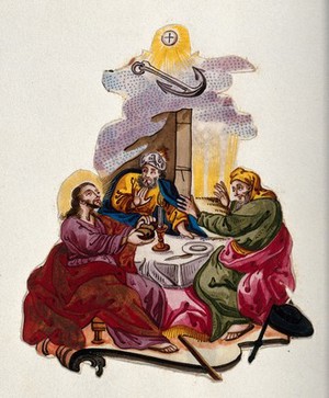 view The risen Christ breaks bread with two disciples at Emmaus and is recognized by them. Watercolour painting.