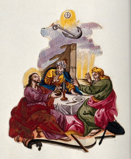 The risen Christ breaks bread with two disciples at Emmaus and is recognized by them. Watercolour painting.