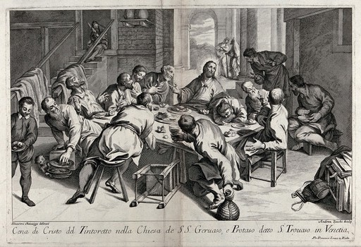 Christ and the apostles share their last supper. Etching by A. Zucchi after S. Manaigo after G.R. Tintoretto.