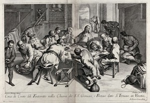 view Christ and the apostles share their last supper. Etching by A. Zucchi after S. Manaigo after G. Robusti, il Tintoretto.