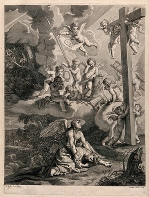 view The agony of Christ in the garden of Gethsemane; an angel descends to strengthen him while cherubs hover with the instruments of the Passion. Engraving by C. Bouzonnet Stella after J. Stella.