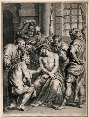 view The mocking and flagellation of Christ; he is crowned with thorns and handed a reed as a mock sceptre. Line engraving by S.A. Bolswert after A. van Dyck.