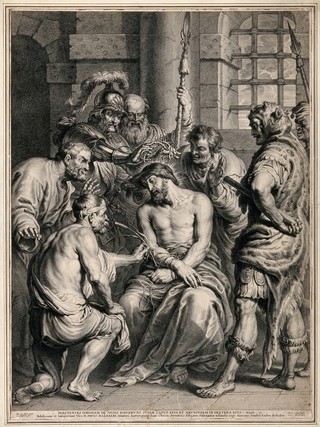 The mocking and flagellation of Christ; he is crowned with thorns and handed a reed as a mock sceptre. Line engraving by S.A. Bolswert after A. van Dyck.
