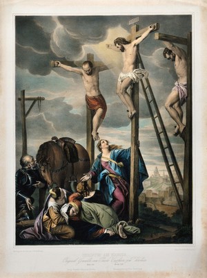 view The crucifixion of Christ; beneath the cross are positioned the four Maries, a soldier and a horse. Coloured lithograph by F.S. Hanfstaengl after P. Caliari, il Veronese.