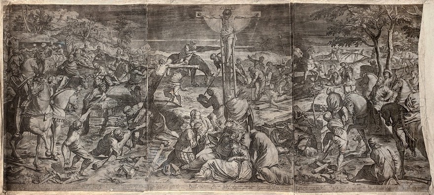 The crucifixion of Christ ('The Great Crucifixion'). Engraving by Agostino Carracci, 1589, after G. Robusti, il Tintoretto.