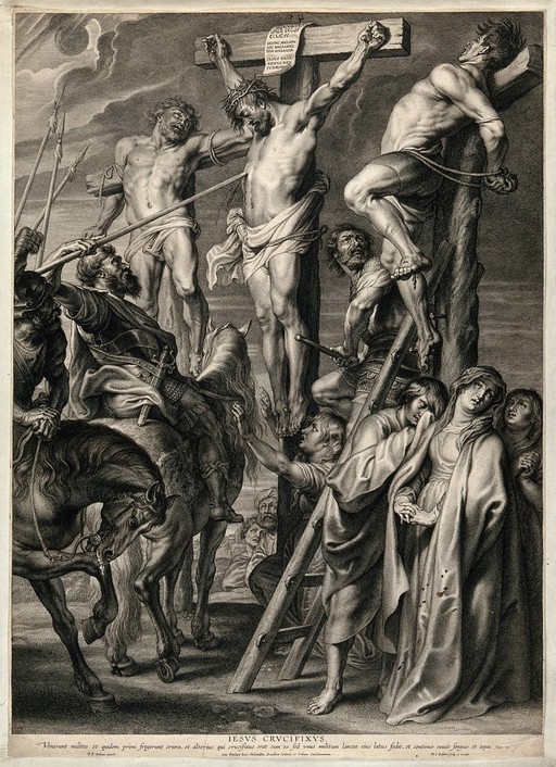 The crucifixion of Christ; his side is punctured by a soldier's lance. Engraving by B.A. Bolswert after P.P. Rubens.
