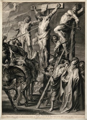 view The crucifixion of Christ; his side is punctured by a soldier's lance. Engraving by B. à Bolswert after P.P. Rubens.
