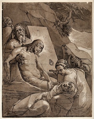 Christ's body is carried to its tomb; Mary faints in grief. Chiaroscuro woodcut by A. Andreani, 1585, after R. Motta da Reggio.