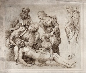 view The dead Christ is lamented by his mother and disciples. Crayon-manner print by A. Leroy, 1853, after Raphael.