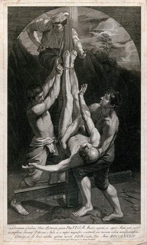 view Saint Peter is crucified upside down. Engraving by C. Tinti, 1784, after G. Reni.