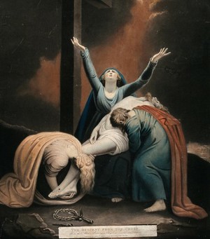 view The three holy women lament over the dead body of Christ. Coloured mezzotint by V. Green, 1800, after Maria Cosway, 1799.