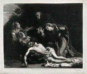 view The four holy women lament over the dead Christ. Mezzotint by W. Say, 1824, after Annibale Carracci, 1597.