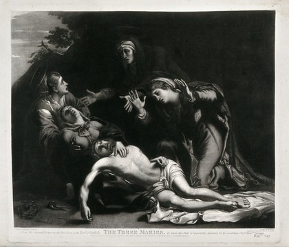 The four holy women lament over the dead Christ. Mezzotint by W. Say, 1824, after Annibale Carracci, 1597.