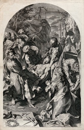 Christ's body is carried to its tomb; the lamenting women watch. Line engraving by A. Sadeler after F. Barocci.